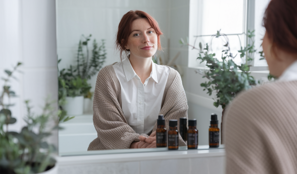 femme-dos-miroir-plantes-huiles