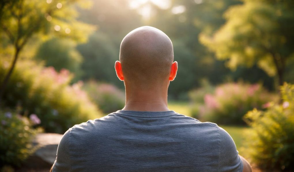 homme-tete-rase-jardin-soleil-arbres