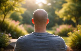 homme-tete-rase-jardin-soleil-arbres