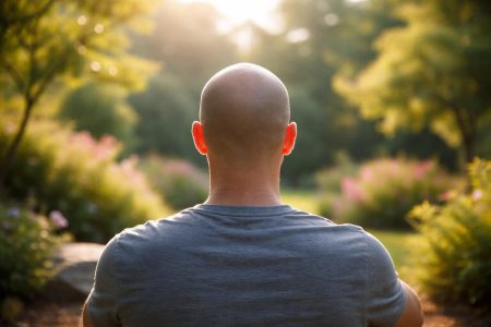 homme-tete-rase-jardin-soleil-arbres