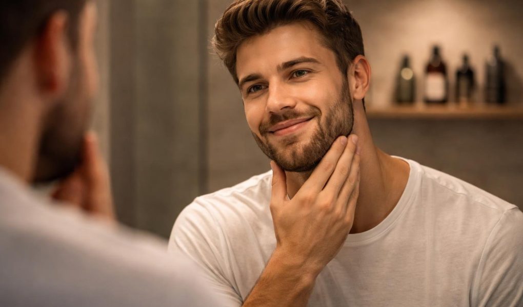 homme-barbe-miroir-salle-de-bain moderne