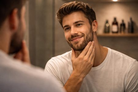 homme-barbe-miroir-salle-de-bain moderne